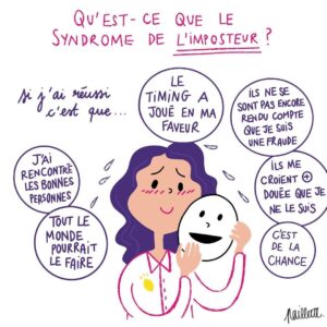 Femme pensive entourée de bulles représentant le doute et le syndrome de l’imposteur